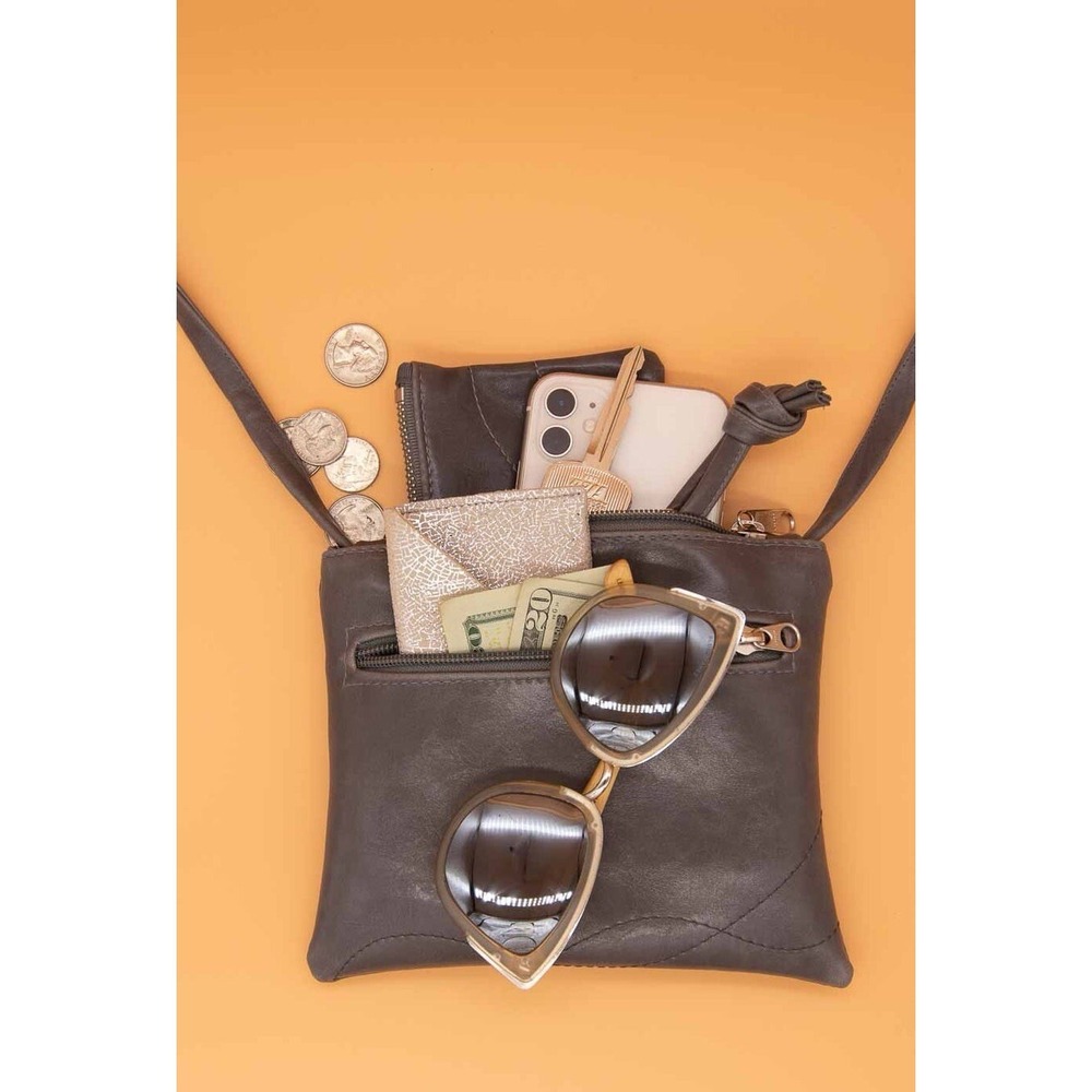 Crystalyn Kae Gray Vegan Leather Crossbody‎ Bag Floral Lining Minimalist Luxe - Picture 10 of 12